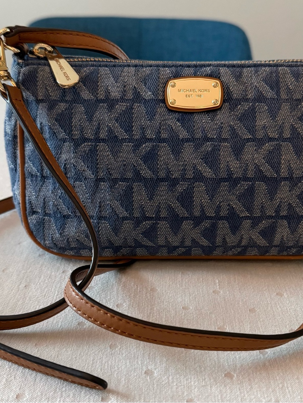 Michael Kors Blue Denim MK Logo Crossbody with Brown Trim